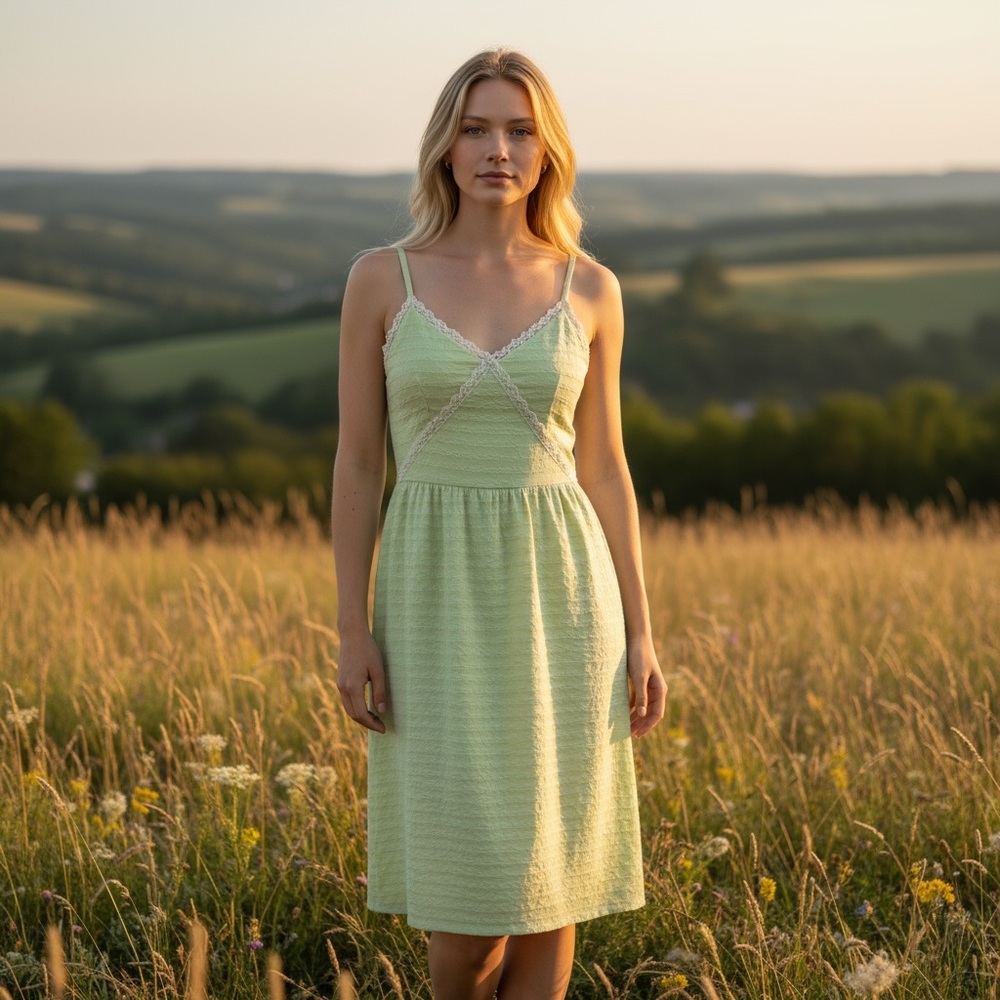 Lalavon Green Gingham Y2K Babydoll Milkmaid Cottagecore‎ Midi Dress, M